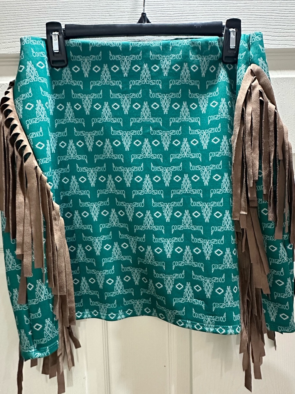 Lucky & Blessed Teal Aztec Fringe Skirt with Taupe Suede Fringe